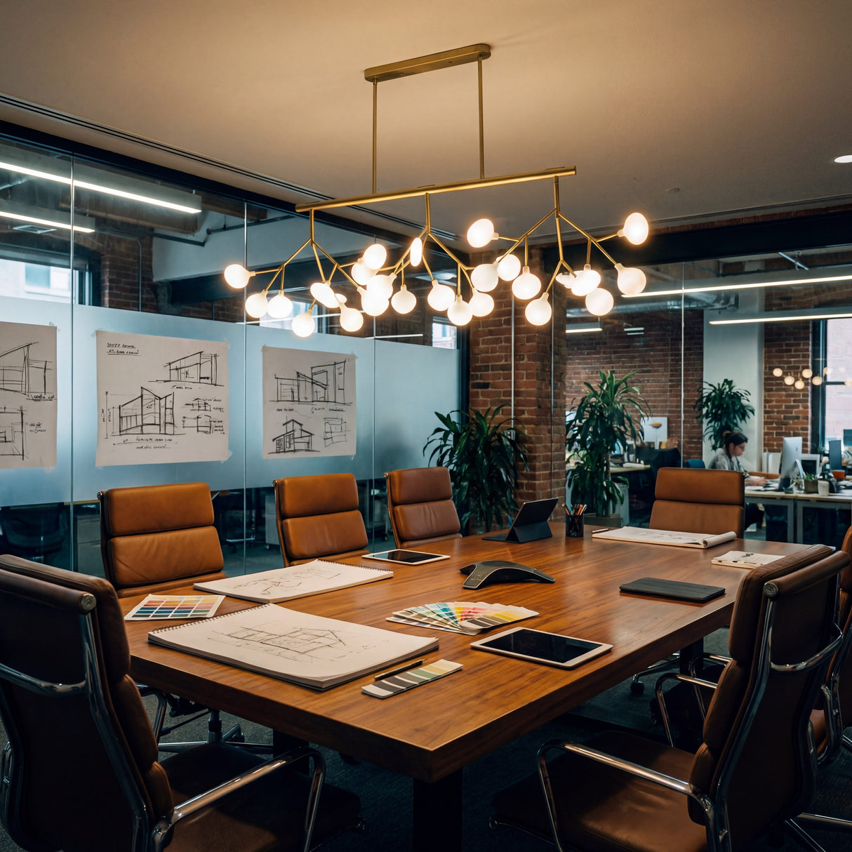 Mesa de directorio iluminada con lampara de diseño moderno en oficina corporativa.