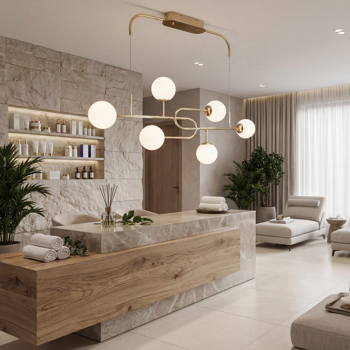 Lampara decorativa en zona de recepcion y counter de hotel o centro de estetica.