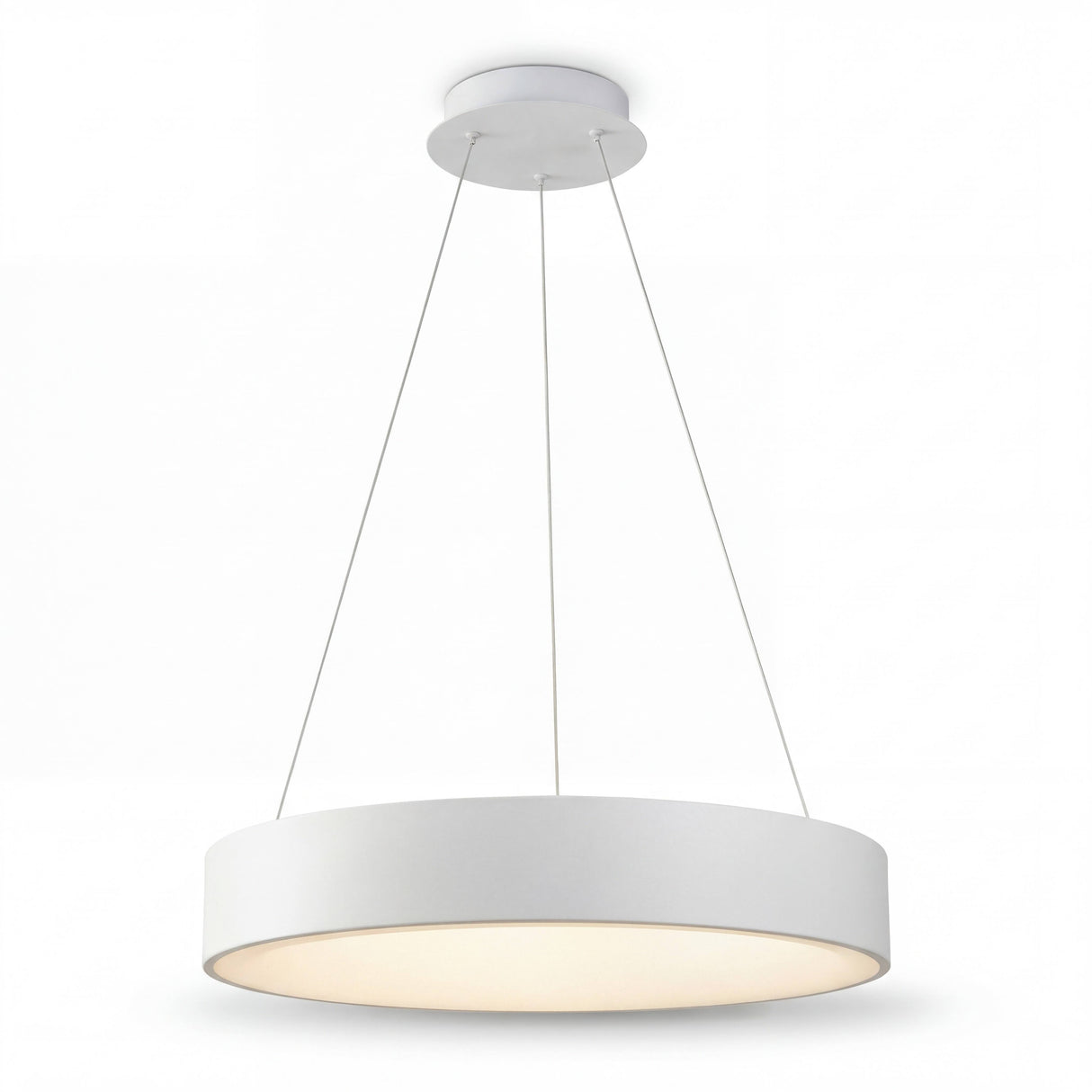 Lámpara circular blanca de diseño minimalista sobre fondo neutro para ficha técnica.
