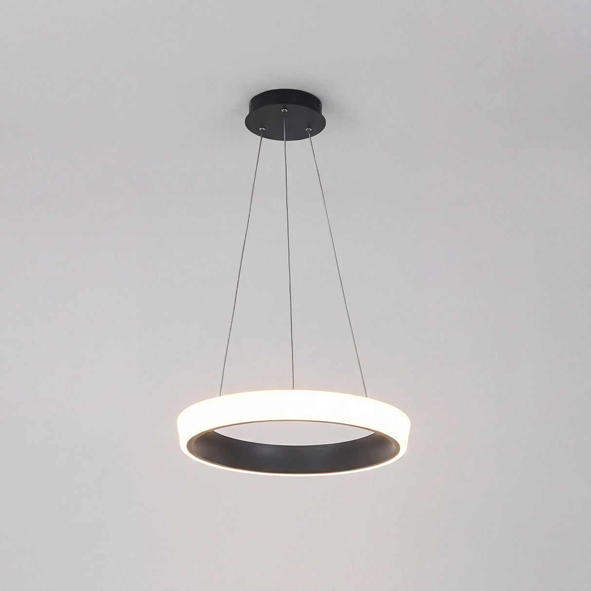 Cuerpo circular gris en suspensión con cables de acero ajustables y diseño técnico.