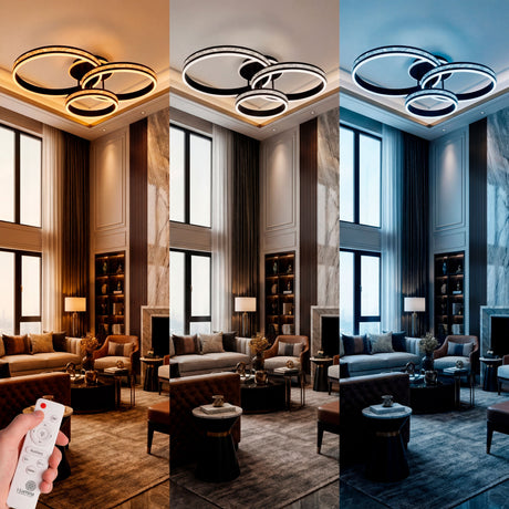 Aplicación de plafón triple en salón de techos altos con control de temperatura de color.