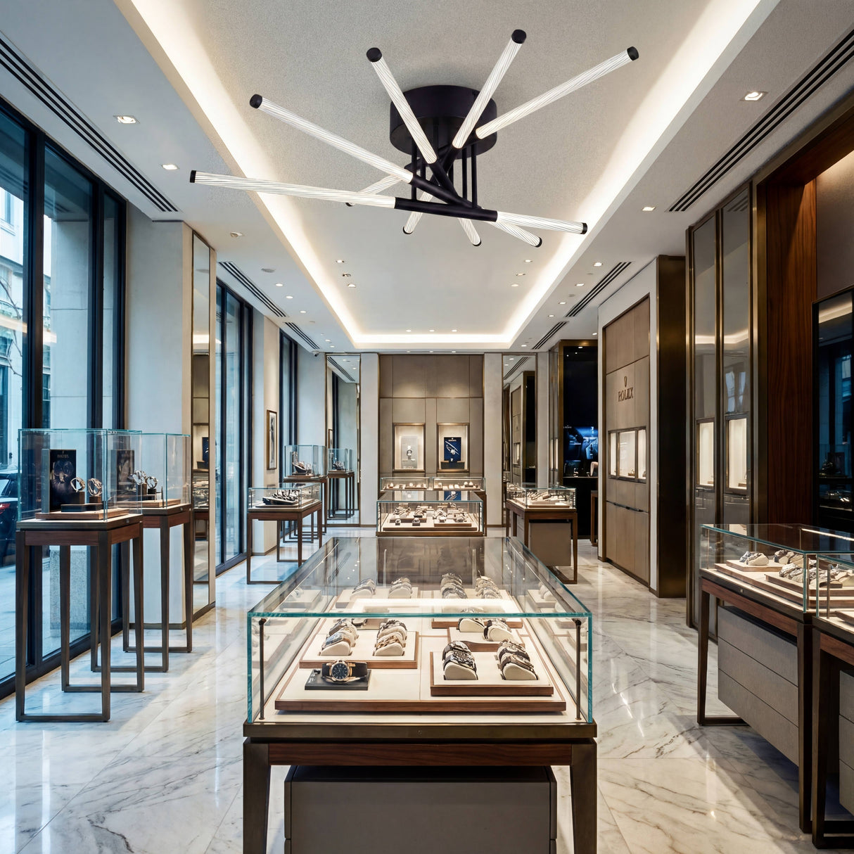 Aplicación de iluminación decorativa en boutique de lujo con vitrinas y acabados premium.
