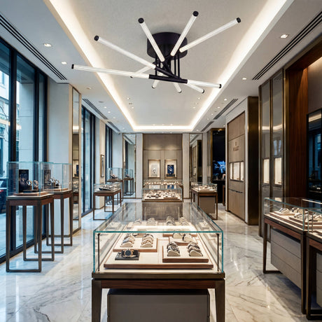Aplicación de iluminación decorativa en boutique de lujo con vitrinas y acabados premium.