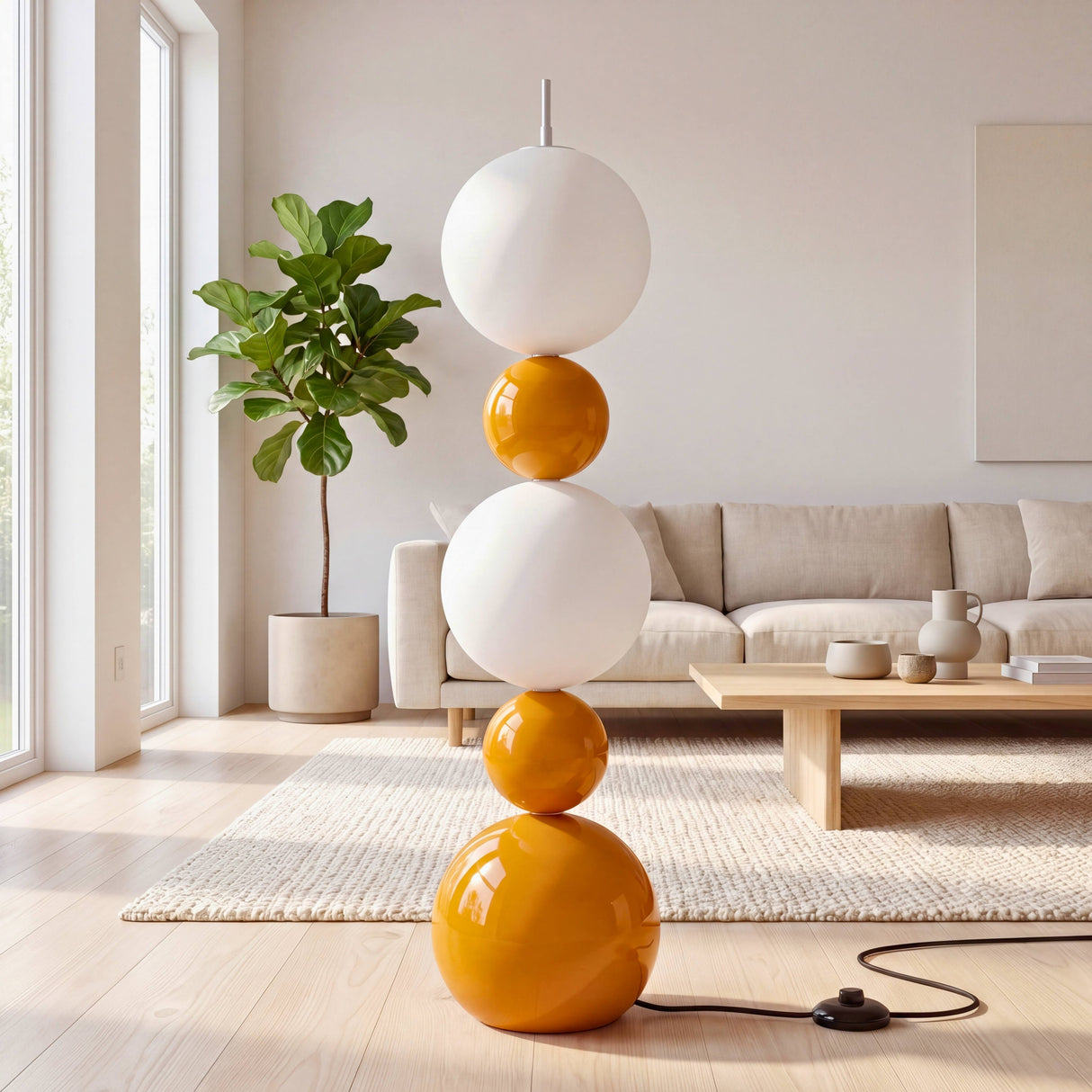 Lámpara de suelo con esferas en tono amarillo ocre integrada en salón diáfano de arquitectura contemporánea.