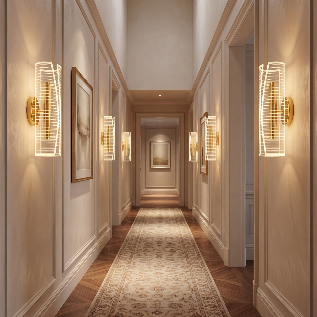 Juego de luminarias LED de pared decorativas instaladas en pasillo de hotel.
