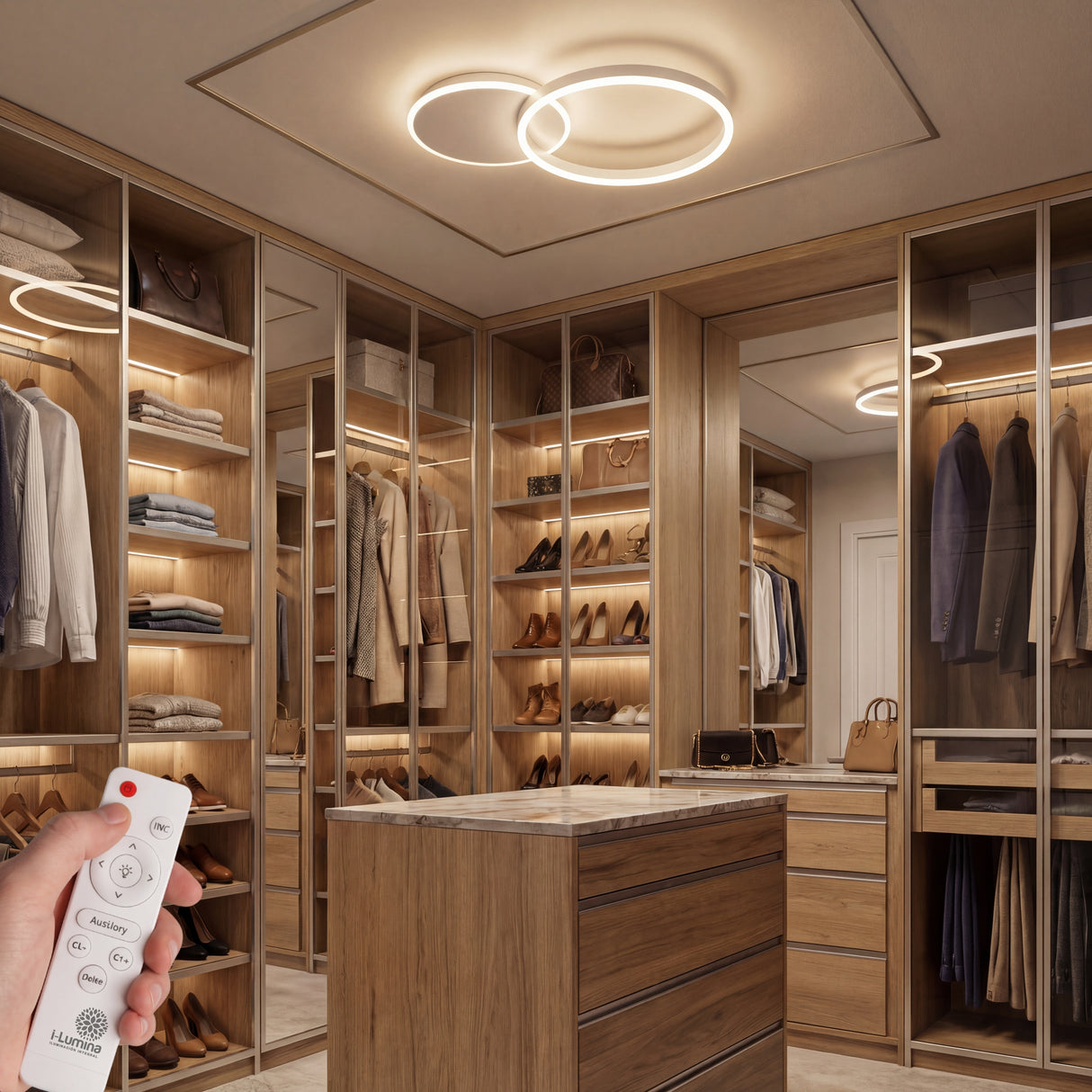 Plafón LED circular blanco para iluminación uniforme en clóset vestidor moderno.