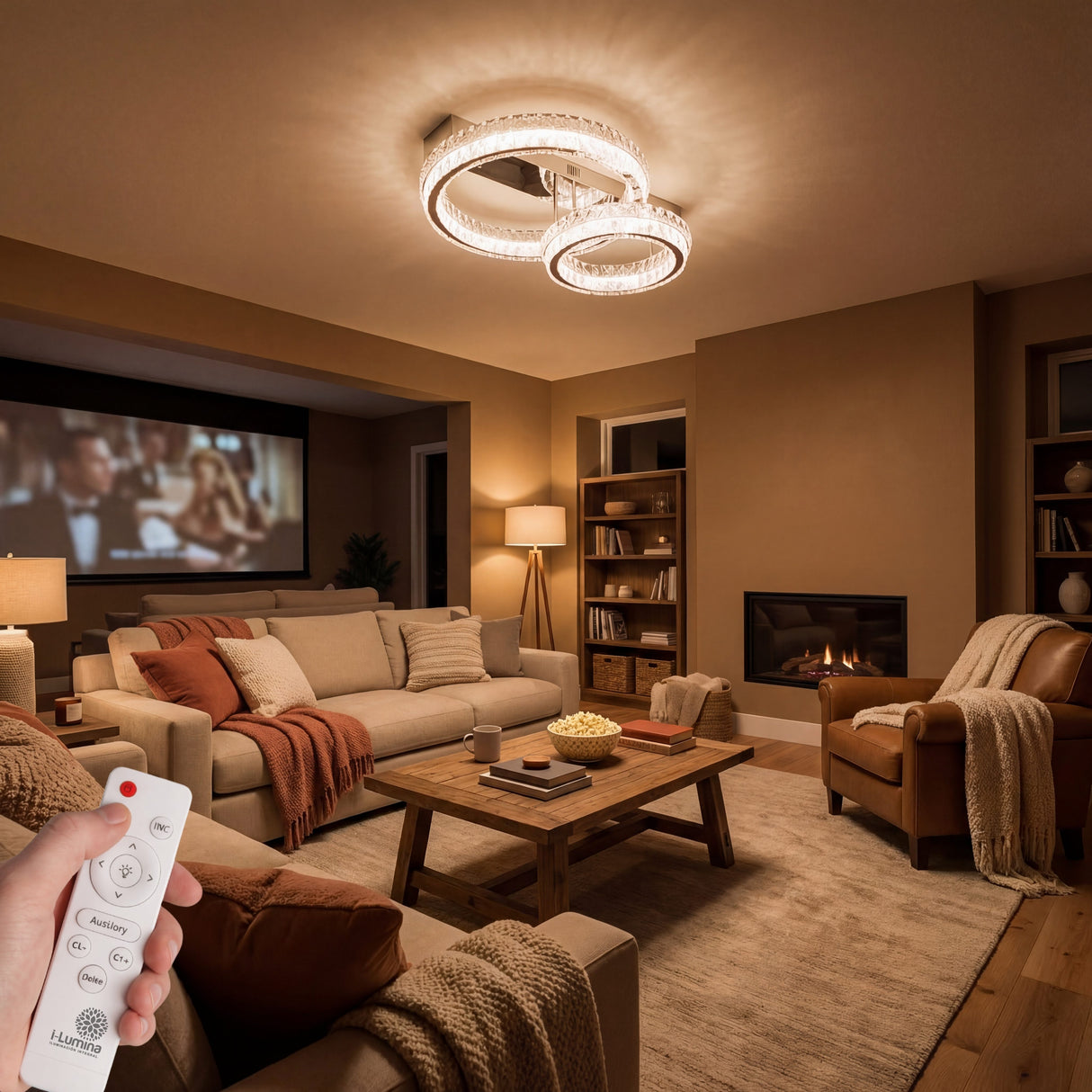 Luminaria regulada en intensidad baja para zona de entretenimiento y televisión.