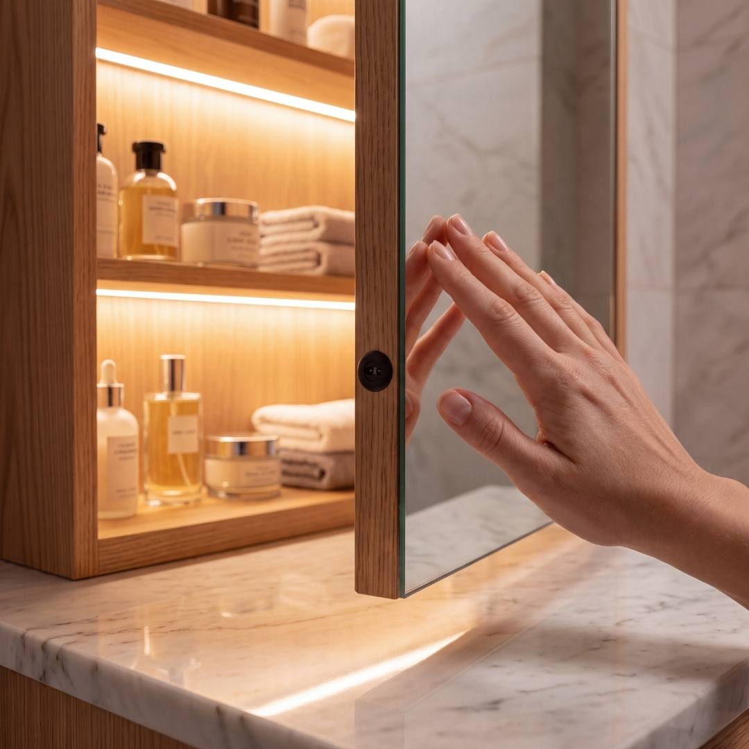 Luz LED automática encendiéndose al abrir el mueble con espejo del baño