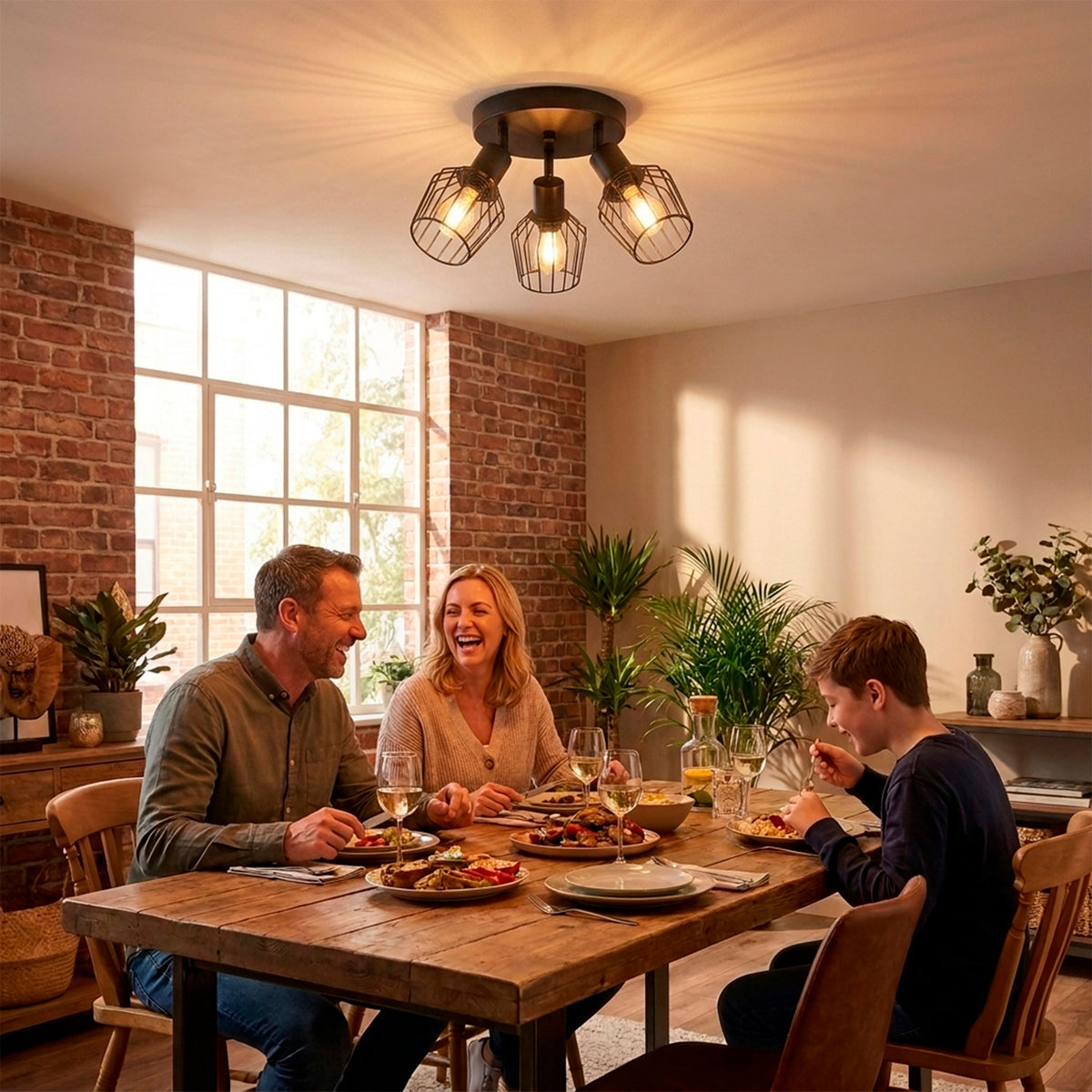 Iluminación cenital de sobreponer sobre mesa de comedor para crear una atmósfera cálida.