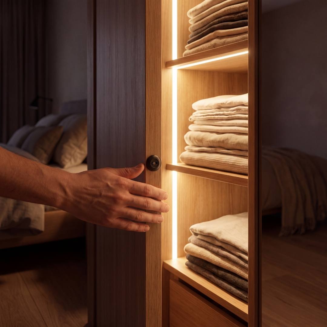 Clóset con ropa iluminado por cintas LED al abrir la puerta con sensor