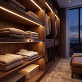 Mueble iluminado de noche con cintas LED encendidas mediante sensor táctil