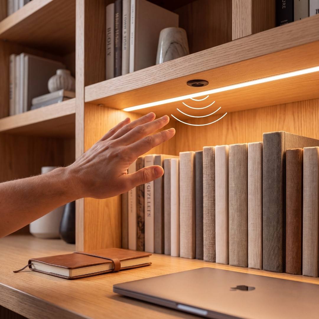 Mueble de TV con cinta LED cálida controlada por sensor sin contacto
