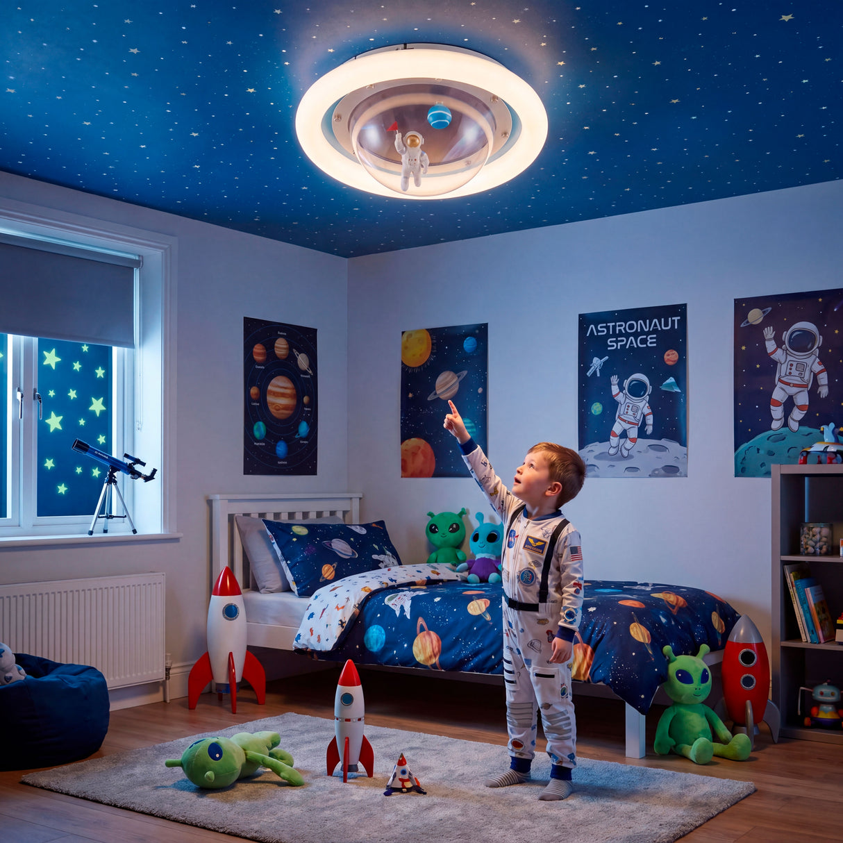 Ambiente nocturno con luz tenue del plafón Astro en dormitorio infantil decorado.