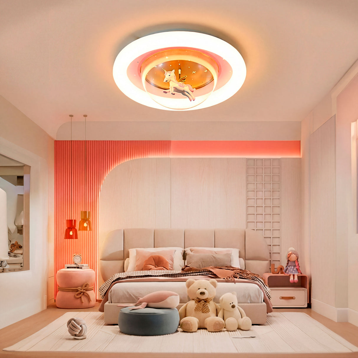 Ambiente nocturno con luz tenue del plafón Unicornio ideal para la hora de dormir.