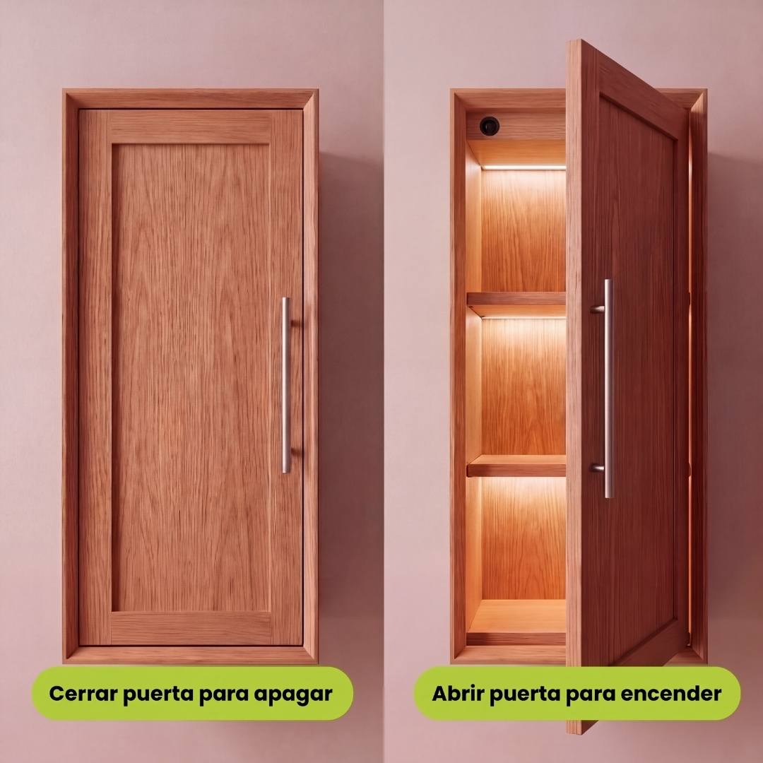 Comparación de mueble con puerta cerrada apagado y abierta con luz encendida