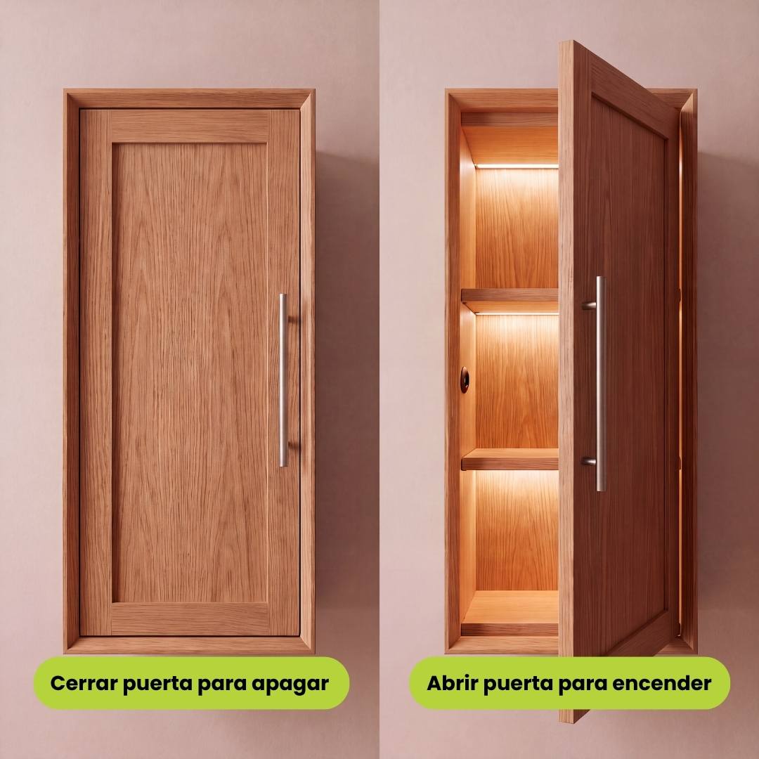 Comparación de mueble con puerta cerrada apagado y abierta con luz encendida