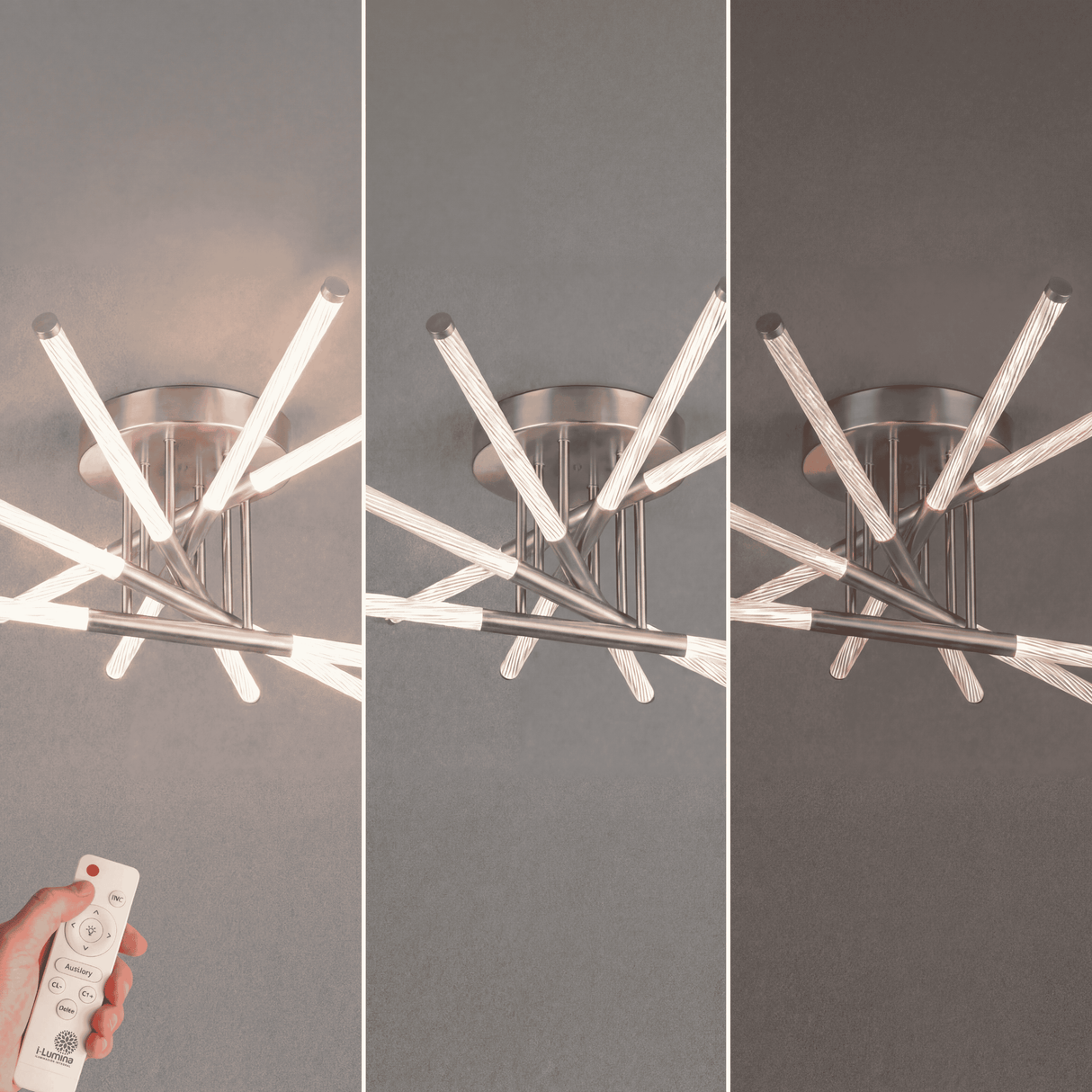 Detalle de mando inalámbrico para control de intensidad y temperatura de color.