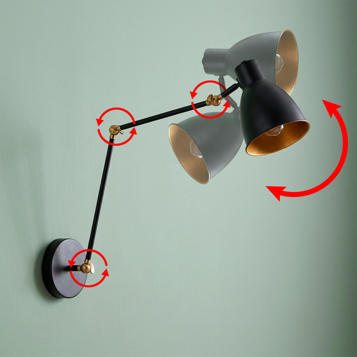 Ilustración vectorial del sistema de rotación doble y articulaciones orientables para control de luz.