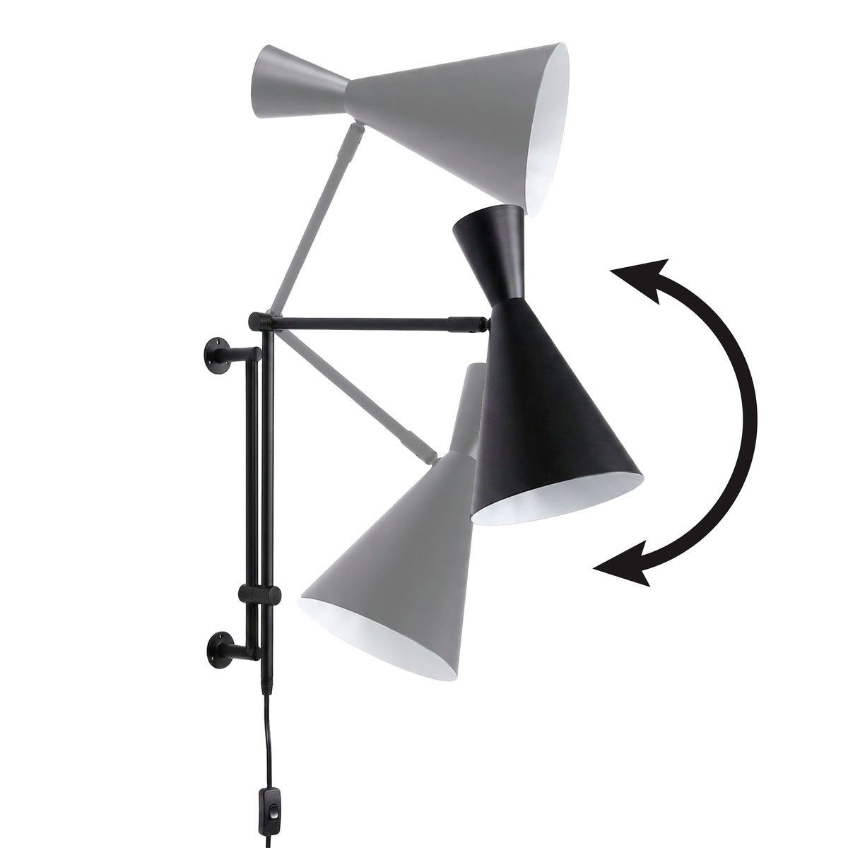 Ilustración del sistema de rotación vertical y brazo extensible para control preciso del flujo luminoso.