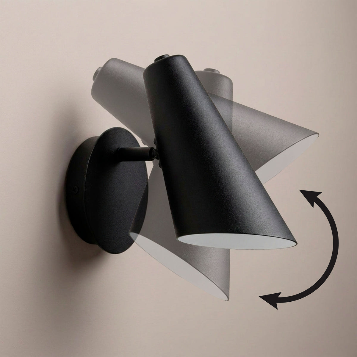 Ilustración del rango de movimiento del foco cónico orientable para un control fino de la luz.