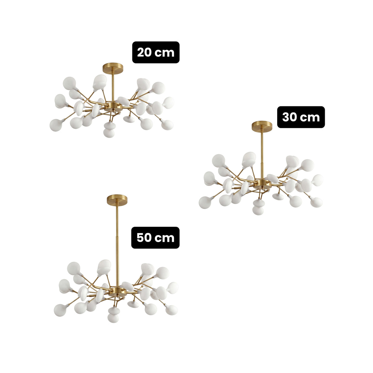 Infografia de medidas de la lampara Nativa Gold con opciones de tija de 20cm, 30cm y 50cm.