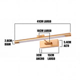 Infografía: 41cm de largo, brazo extensible de 16cm y base de 15cm con altura de 5.4cm.