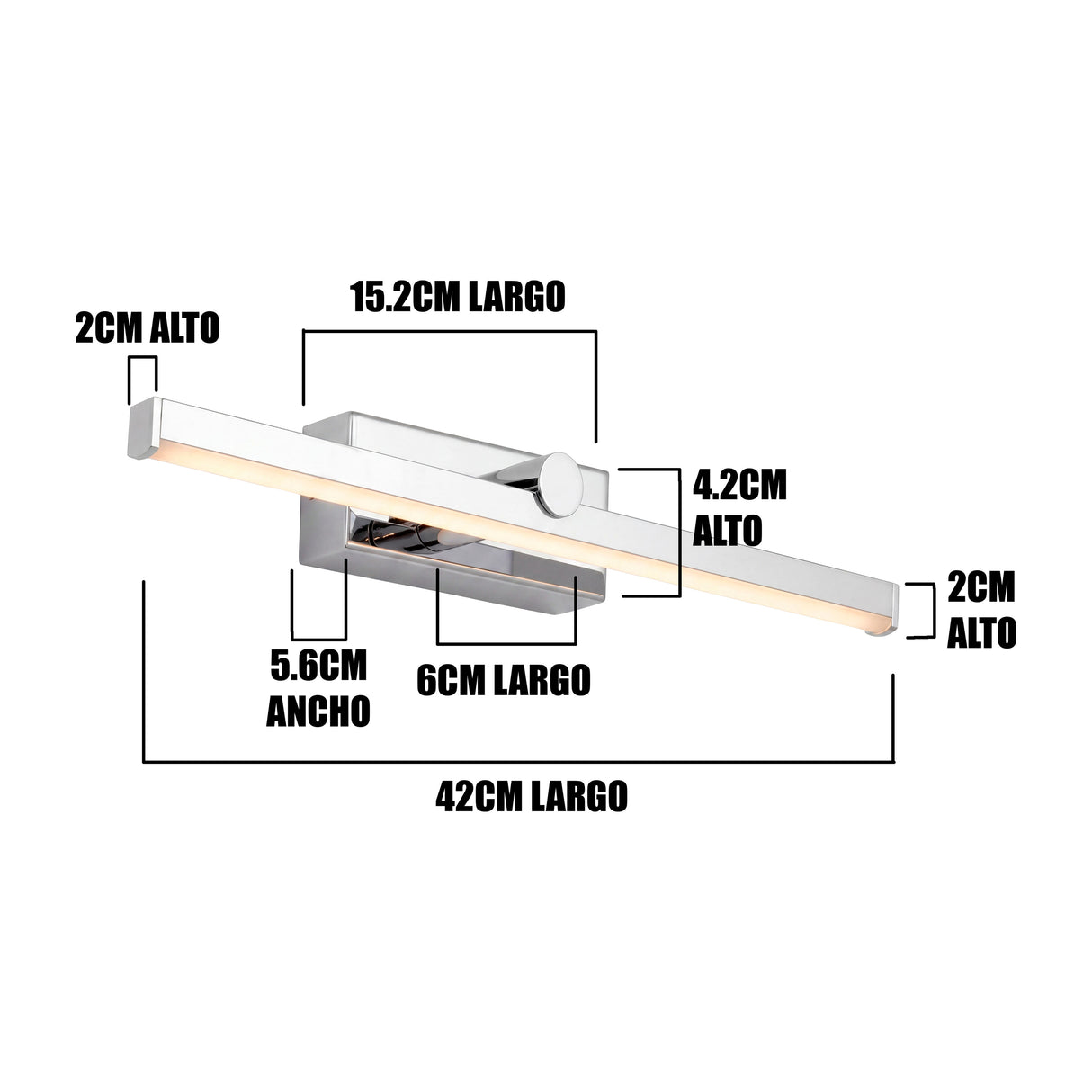 Infografía técnica: 42cm de largo, 15.2cm de base y cabezal regulable de 3cm de alto.