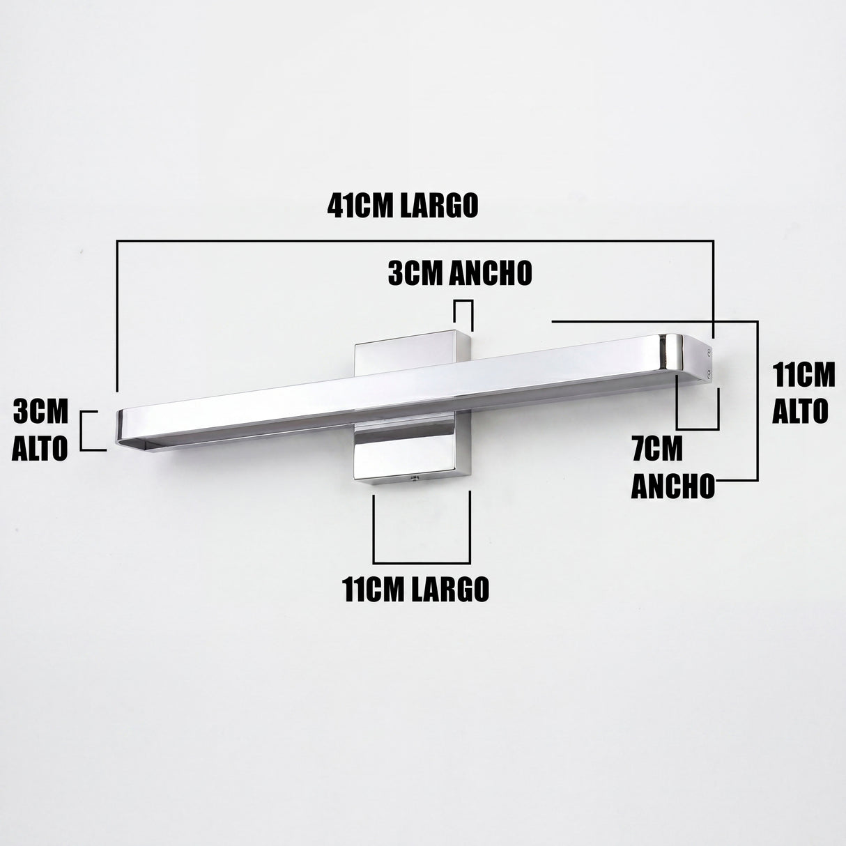 Infografía técnica: 41cm de largo, base de 11cm y diseño aerodinámico de 3cm de alto.