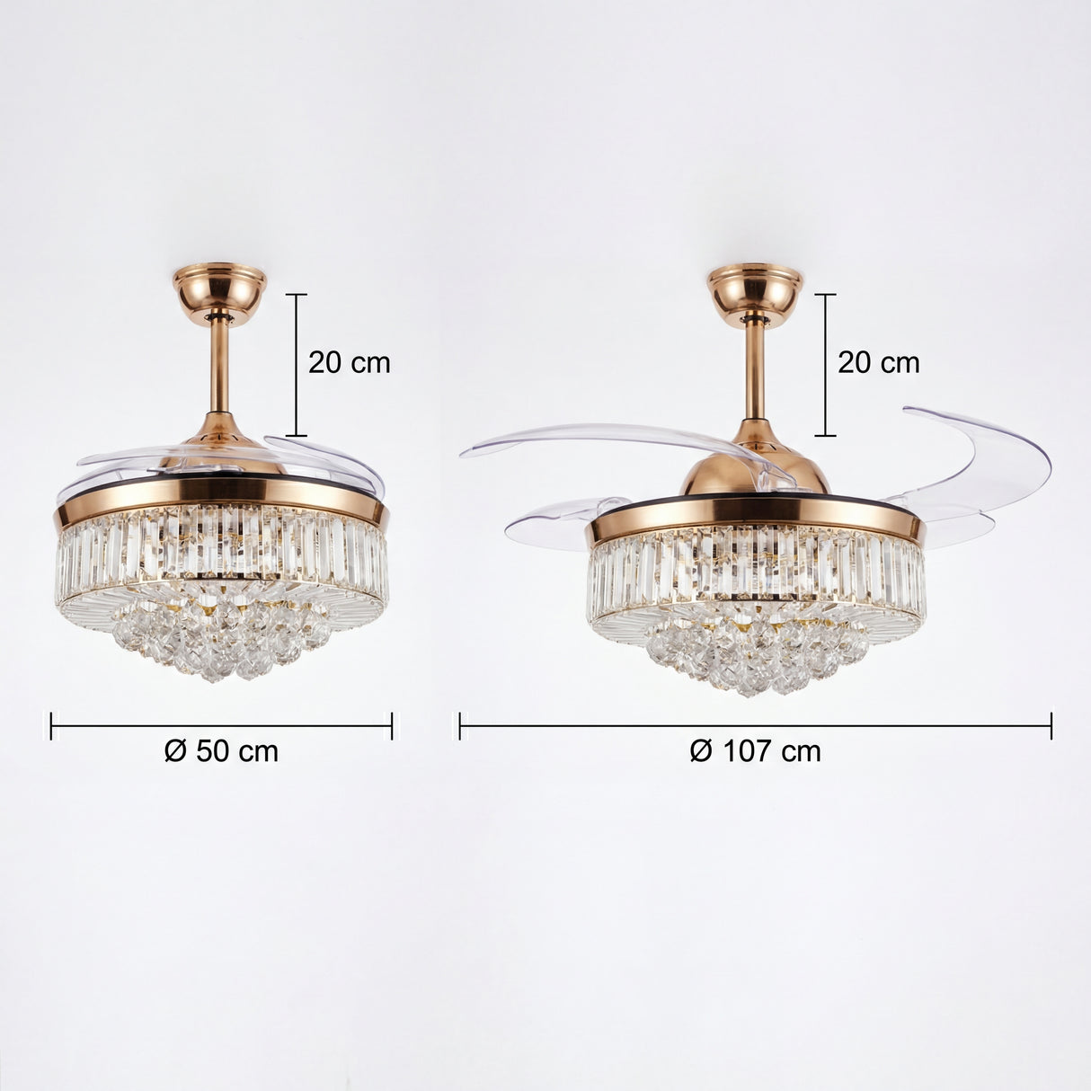 Infografía con medidas del ventilador: 48 cm cerrado y 107 cm con aspas abiertas.