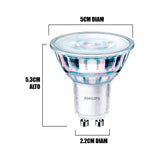 Infografía técnica: 5cm de diámetro superior, 5.3cm de alto y base GU10 de 2.2cm.