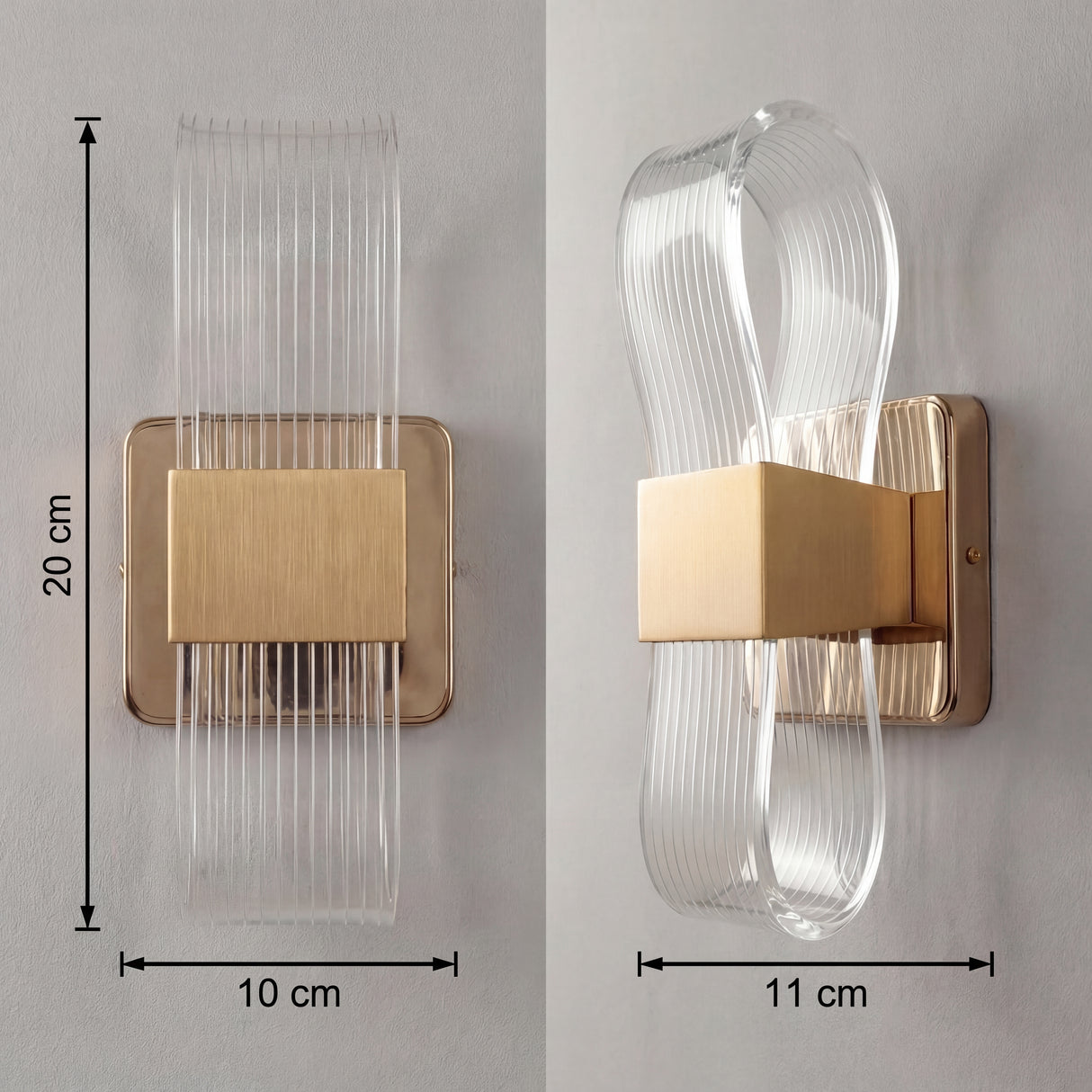 Esquema tecnico con medidas frontales y laterales de la lampara de pared Flow.
