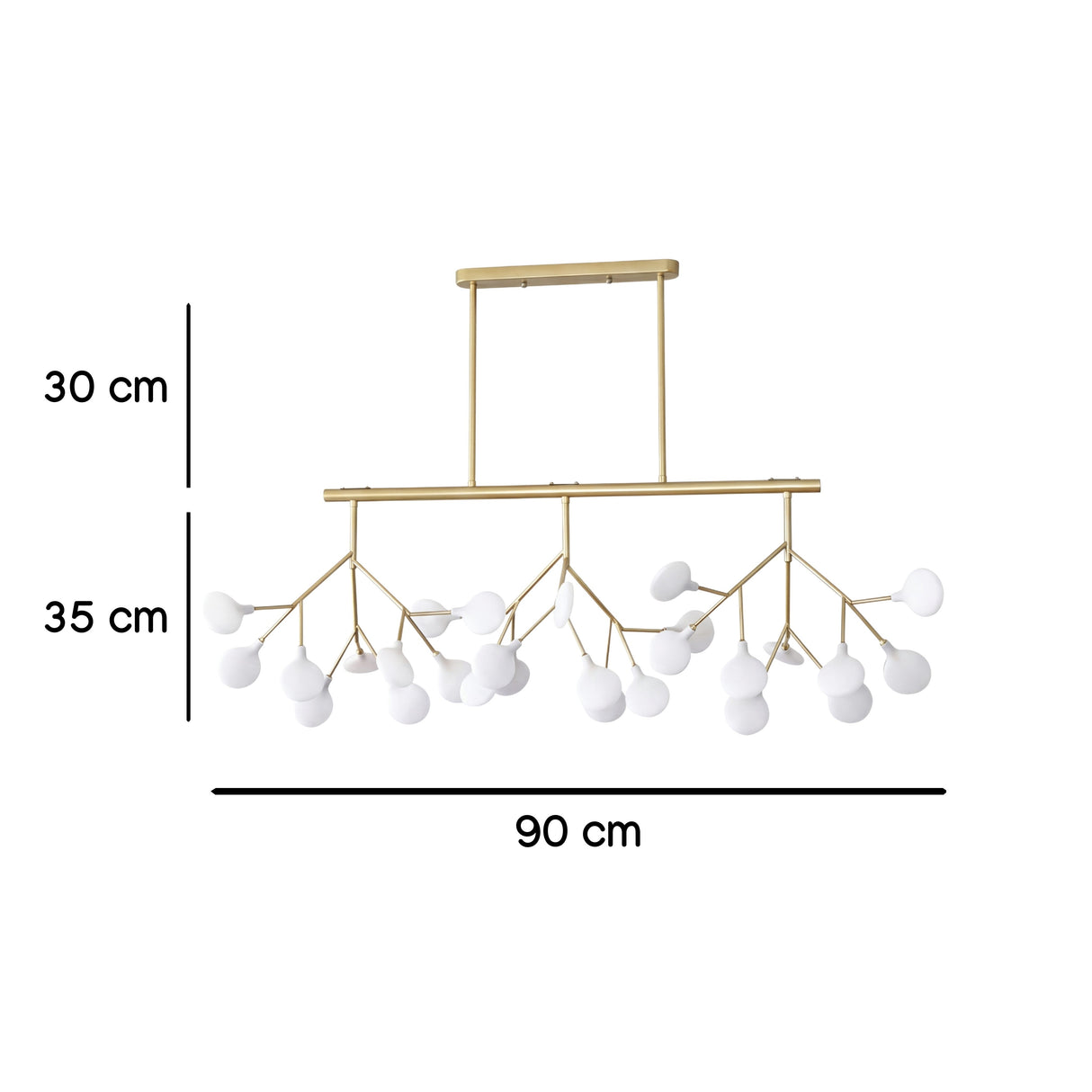 Diagrama con medidas de lampara colgante: 98 cm de largo y altura regulable.