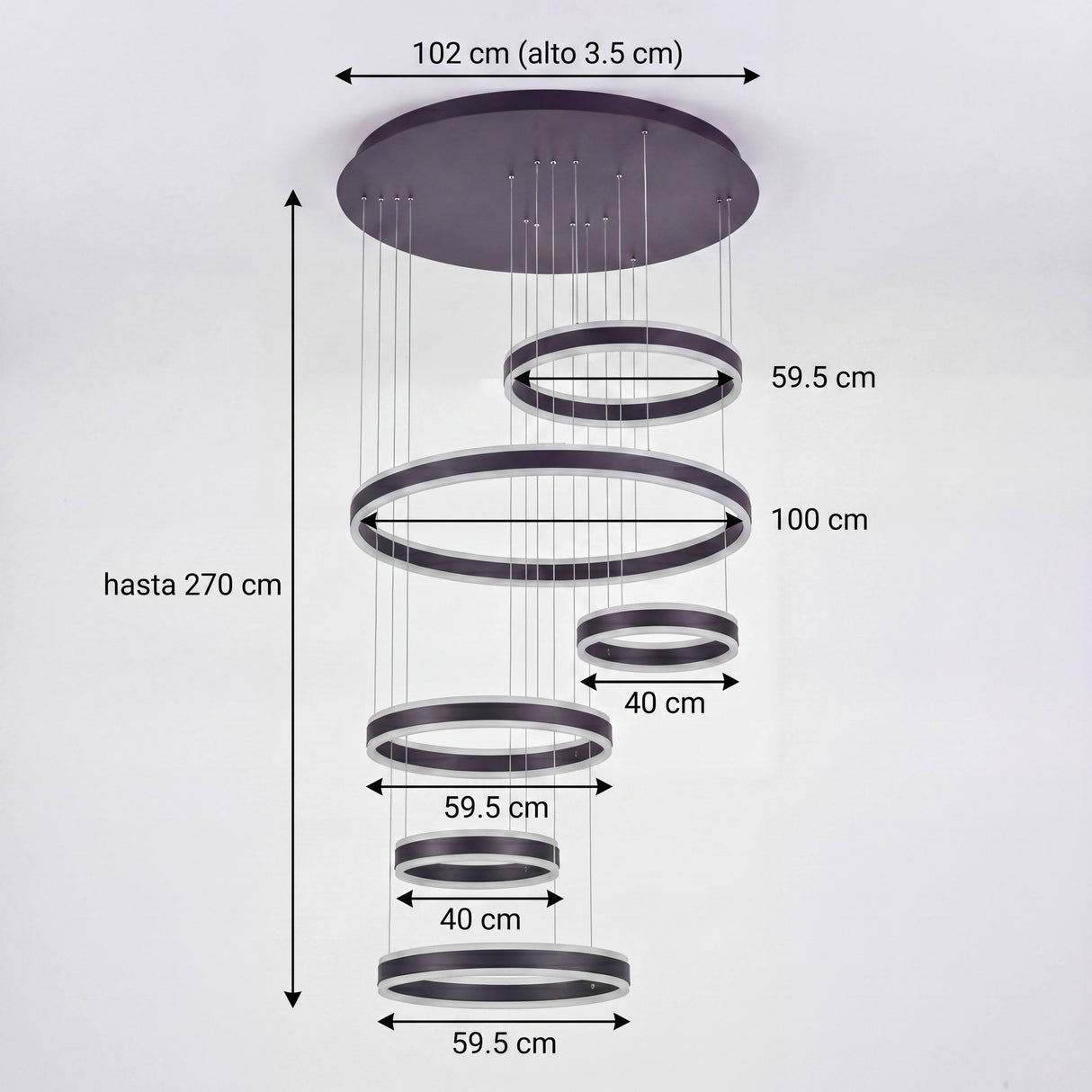 Plano técnico acotado que detalla las dimensiones de los aros de luz y la altura máxima de suspensión ajustable.