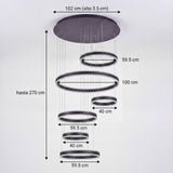 Plano técnico acotado que detalla las dimensiones de los aros de luz y la altura máxima de suspensión ajustable.