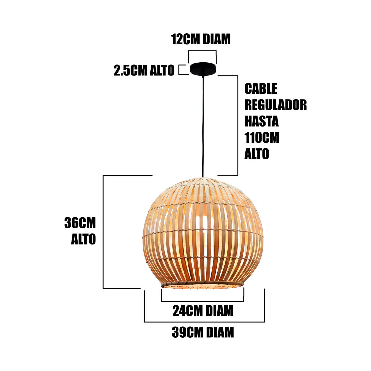 Infografía: 34cm de diámetro, 35cm de alto y cable regulable hasta 110cm.