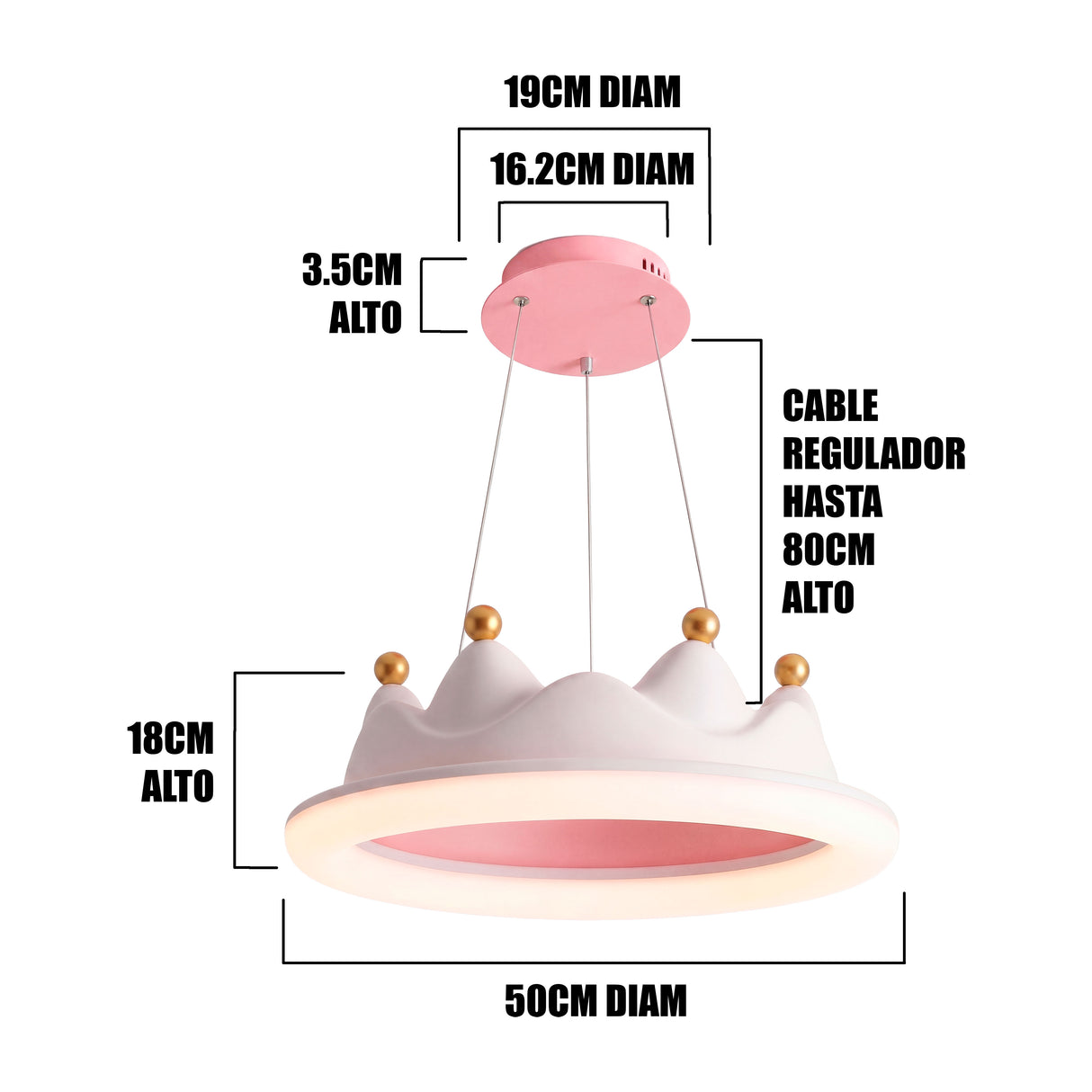 Infografía: 50cm de diámetro, 18cm de alto y cable regulable hasta 80cm de longitud.