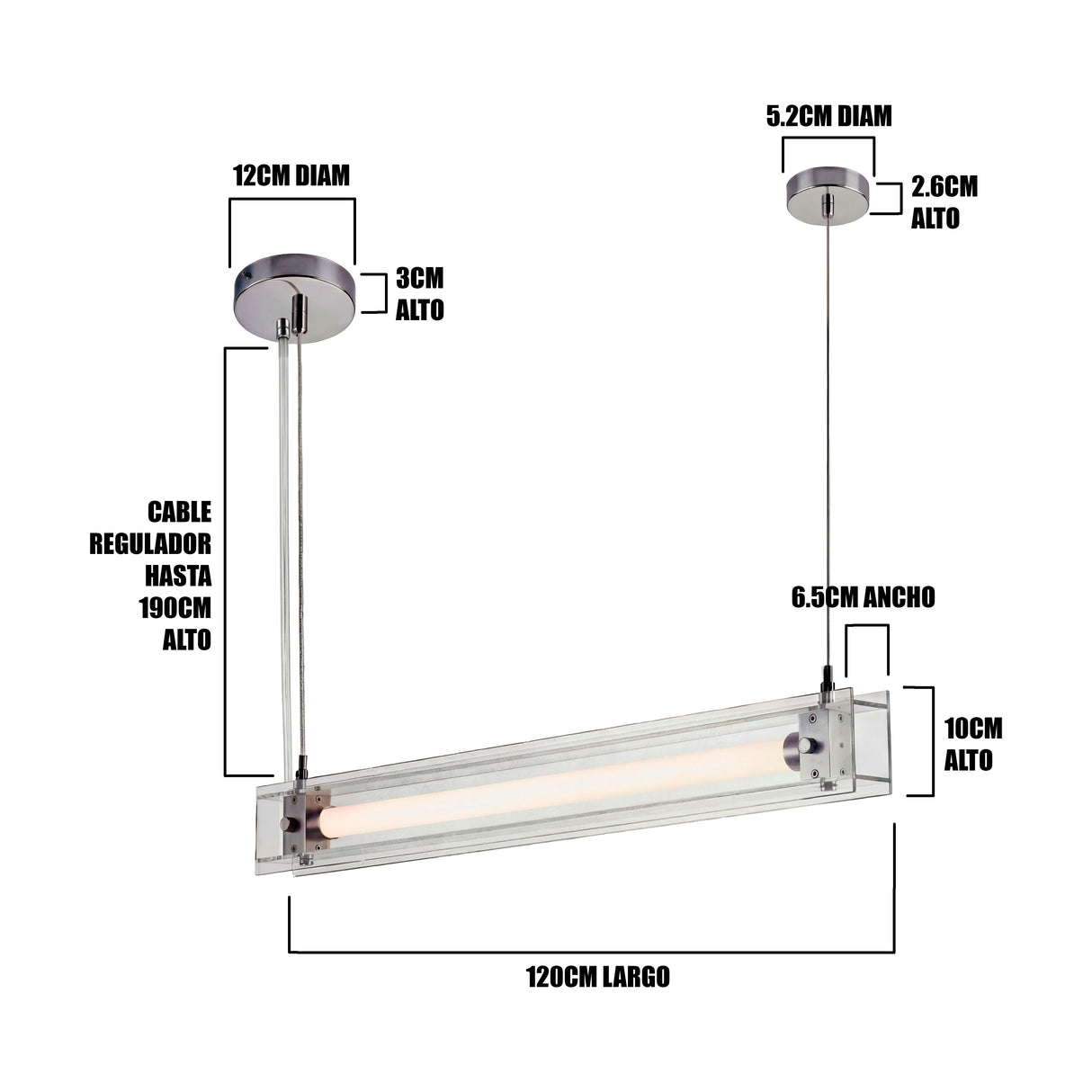 Infografía técnica: 101.5cm de largo, estructura de 10.5cm de alto y cables de suspensión.