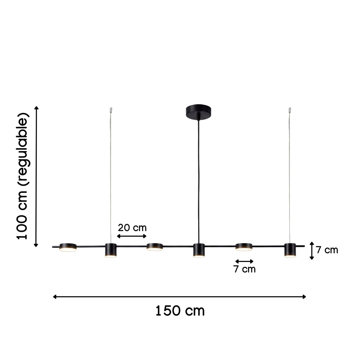 Diagrama con medidas de lampara colgante lineal de 150 cm de largo y altura regulable.