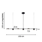 Diagrama con medidas de lampara colgante lineal de 150 cm de largo y altura regulable.