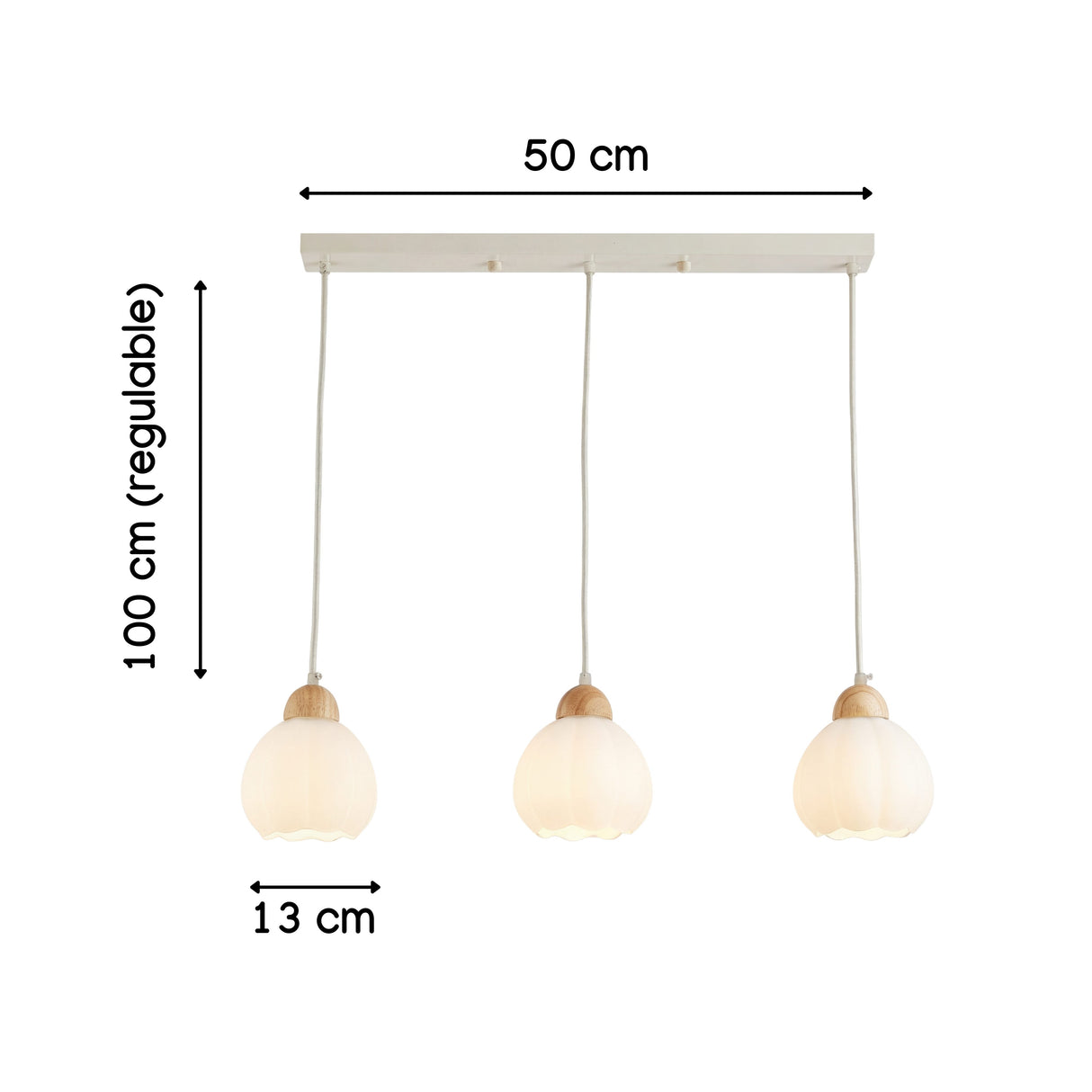 Infografía de medidas: base de 50 cm, pantallas de 13 cm y altura de 100 cm.