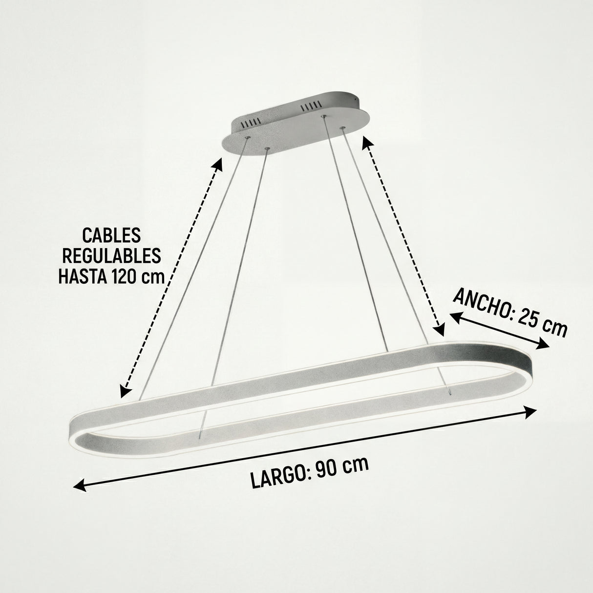 Diagrama de dimensiones: lámpara ovalada de 90cm de largo con altura ajustable.