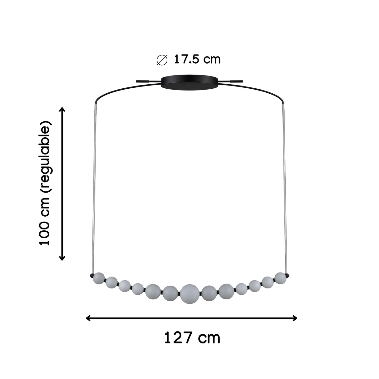 Dimensiones detalladas de lampara Perla Black de 127cm de ancho y cable regulable