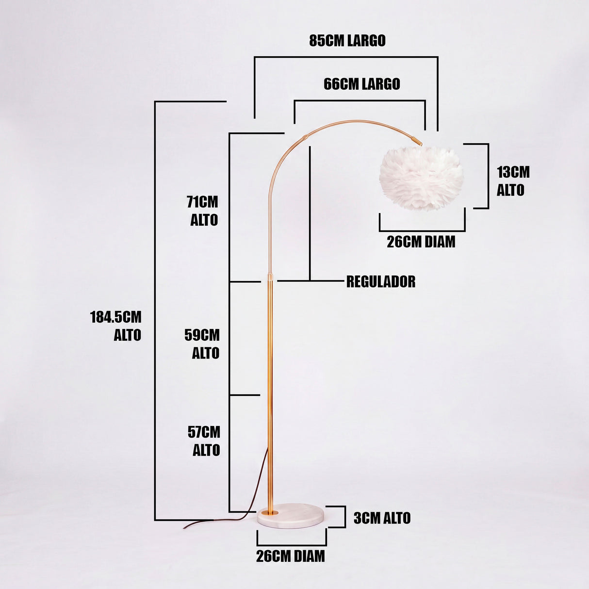 Infografía técnica: altura total ajustable de 160-184cm, arco de 85cm de largo y base de mármol de 26cm.