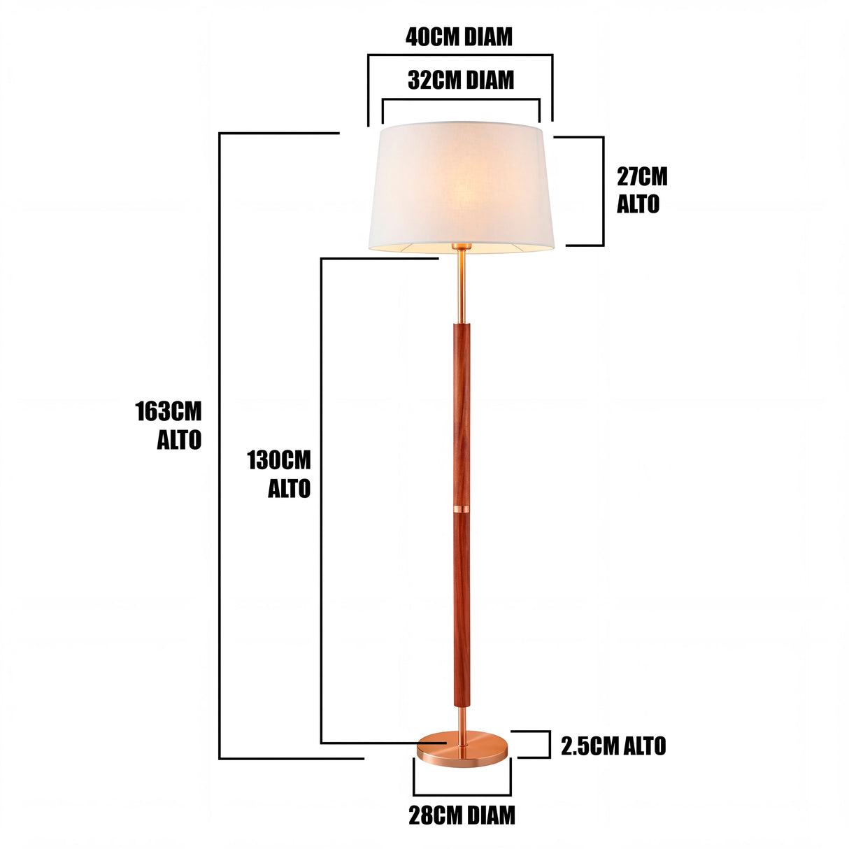 Infografía técnica: 163cm de altura total, pantalla de 40cm de diámetro superior y base de 30cm.