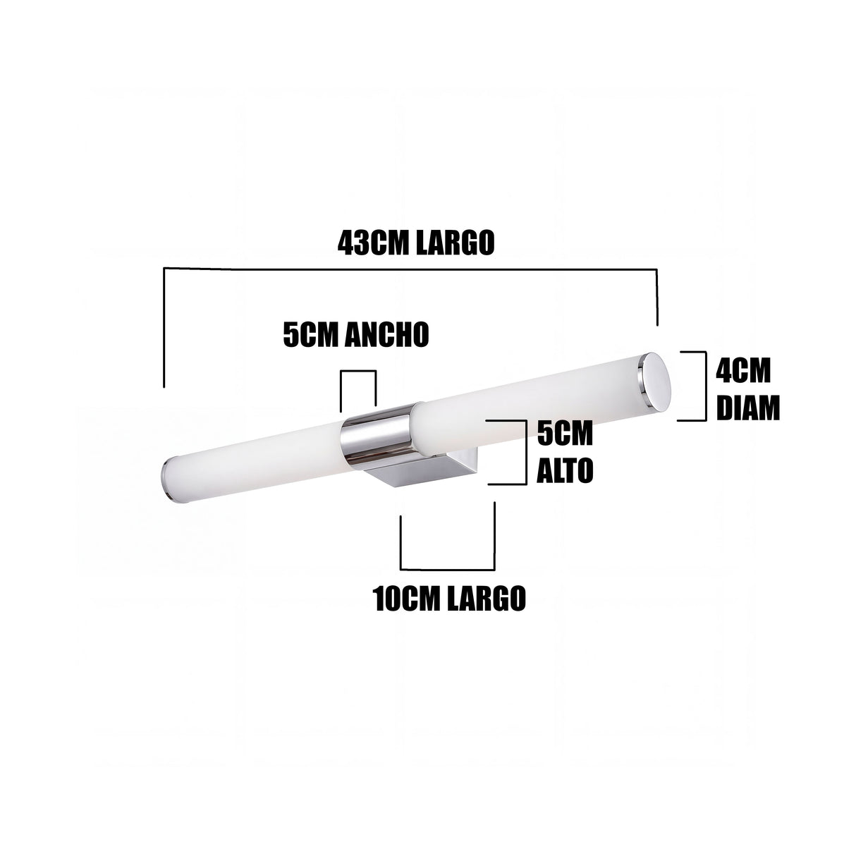 Infografía técnica: 42cm de largo, base de 10cm y difusor cilíndrico de 4cm de diámetro.