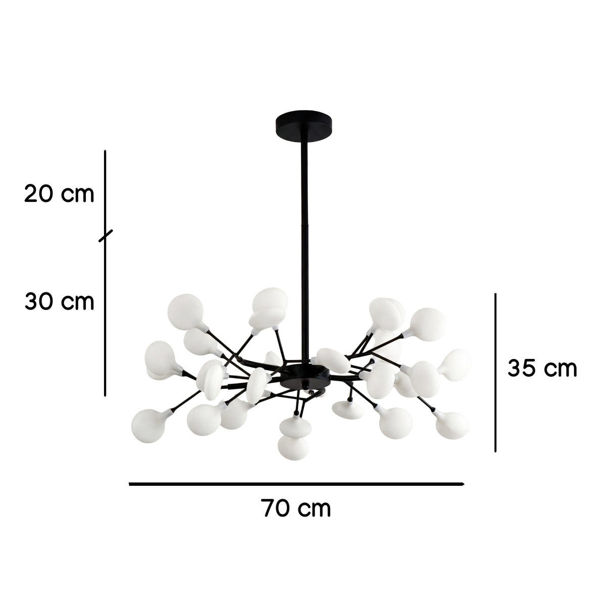 Infografia de medidas: 70cm de diametro y 35cm de altura del cuerpo de la lampara Nativa.