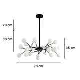 Infografia de medidas: 70cm de diametro y 35cm de altura del cuerpo de la lampara Nativa.