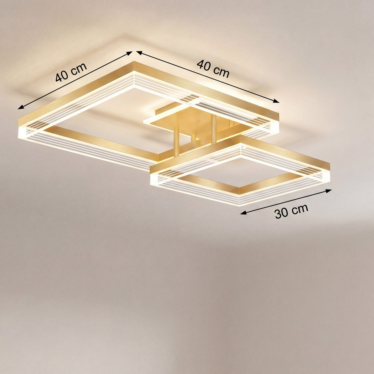 Dimensiones de lámpara de techo LED con diseño de dos cuadrados superpuestos de 40cm y 30cm.