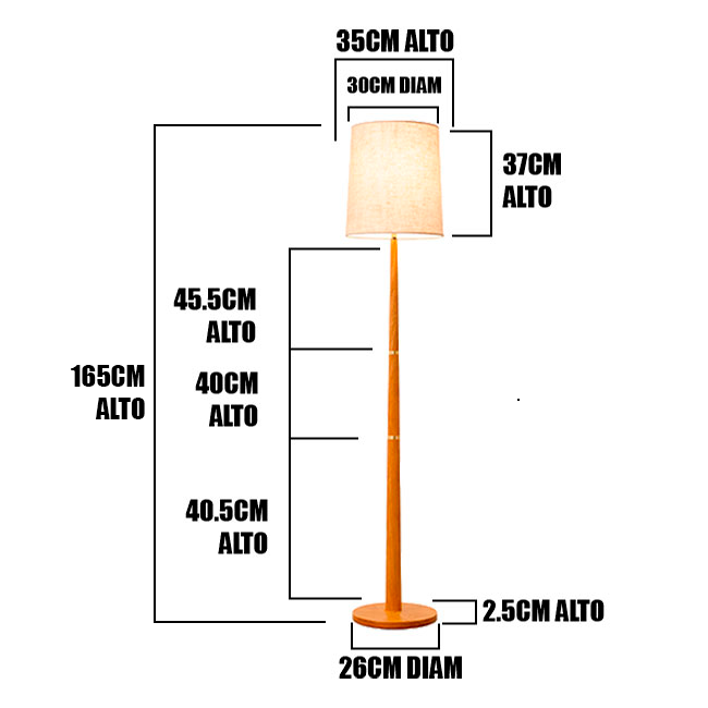 Esquema acotado con dimensiones milimétricas del fuste de madera, base redonda y pantalla para planos de obra.