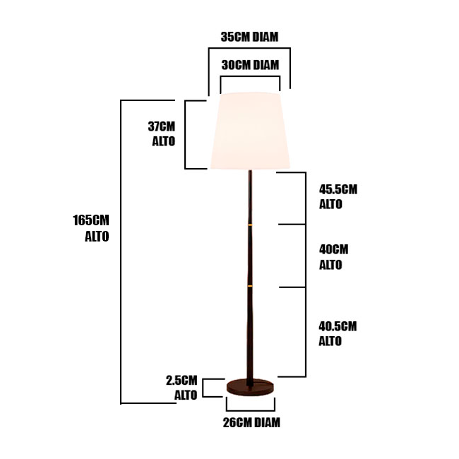 Esquema acotado con dimensiones milimétricas del fuste, base redonda y pantalla para especificación en obra.